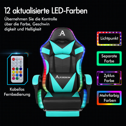 ALFORDSON Gaming Stuhl Büro Massage 12 RGB LED Computer Sitz PU Leder Cyan