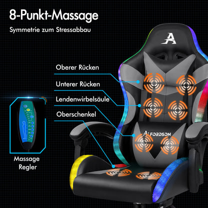 ALFORDSON Gaming Stuhl Büro Massage 12 RGB LED Computer Sitz PU Leder Grau