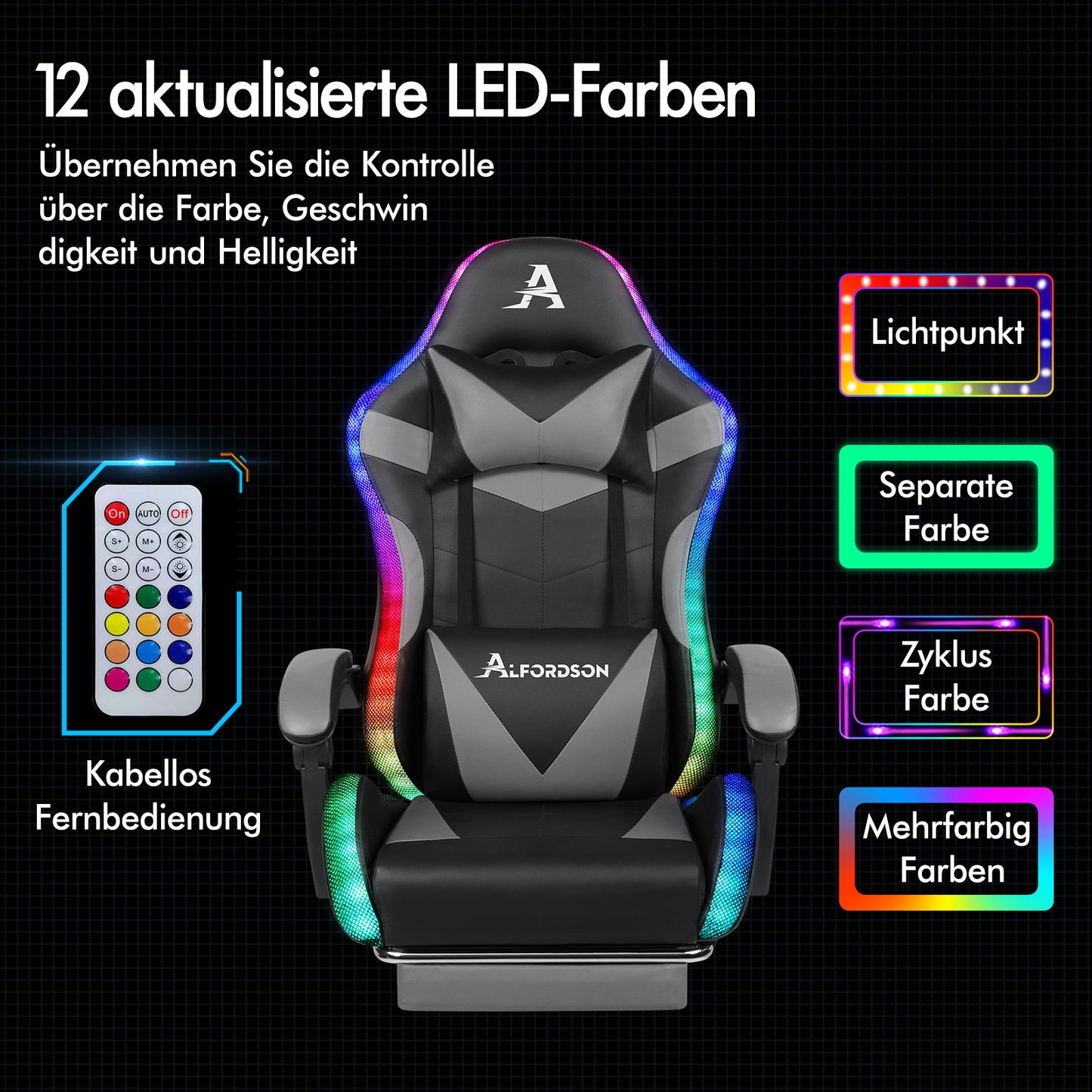 ALFORDSON Gaming Stuhl Büro Massage 12 RGB LED Computer Sitz PU Leder Grau