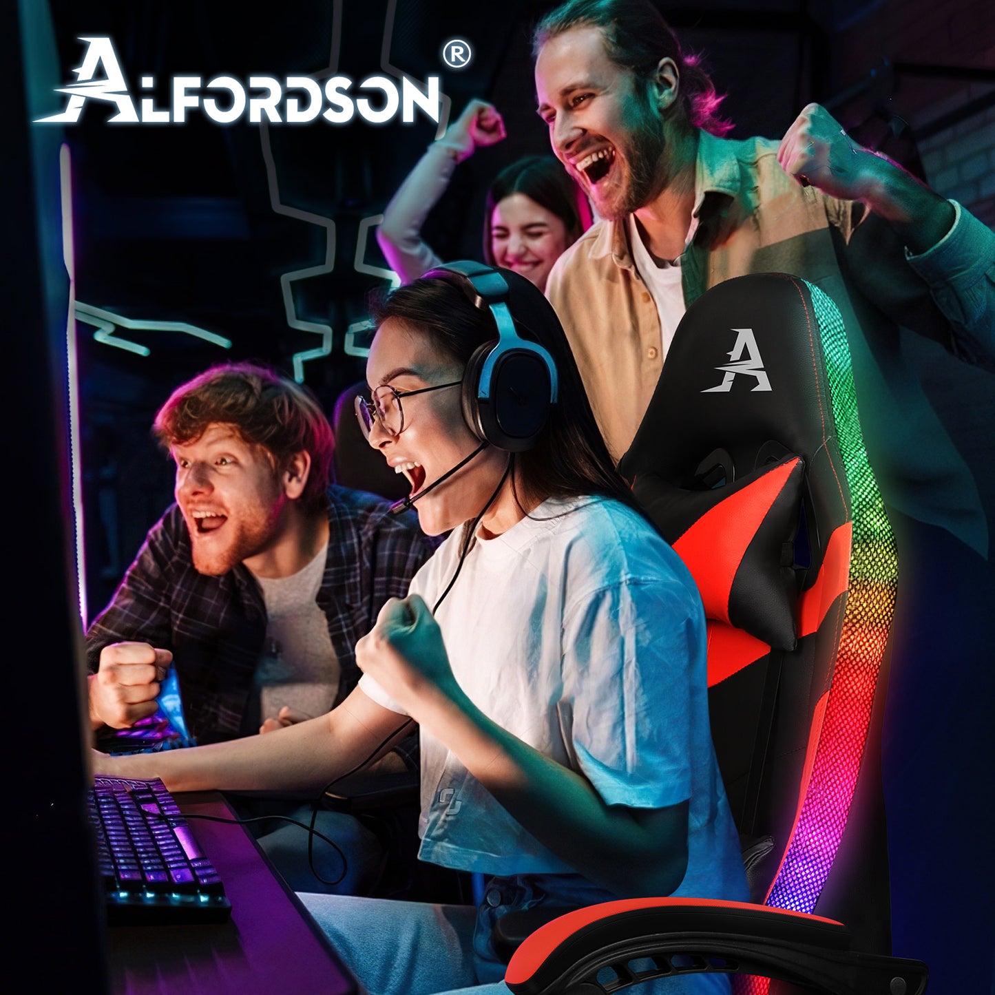 ALFORDSON Gaming Stuhl Büro Massage 12 RGB LED Computer Sitz PU Leder Rot