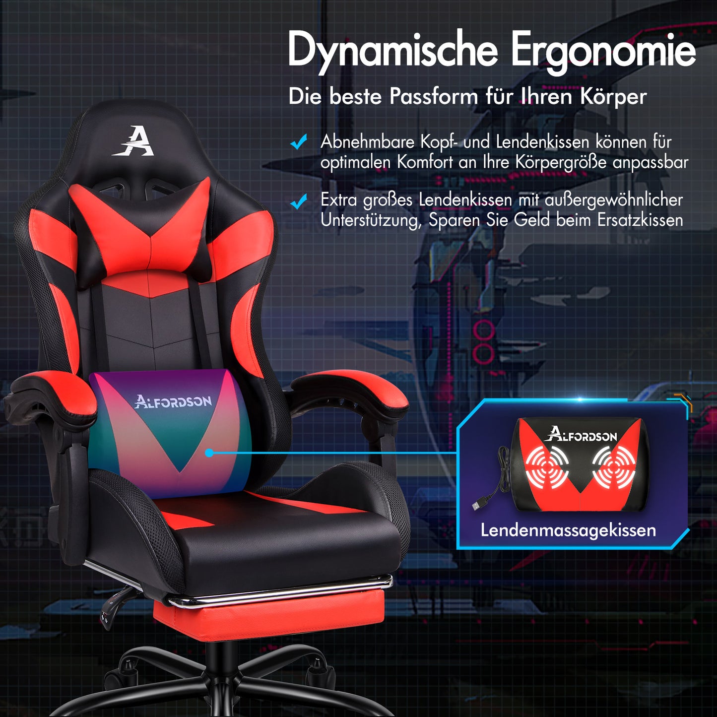 ALFORDSON Gaming Stuhl Büro Massage 12 RGB LED Computer Sitz PU Leder Rot