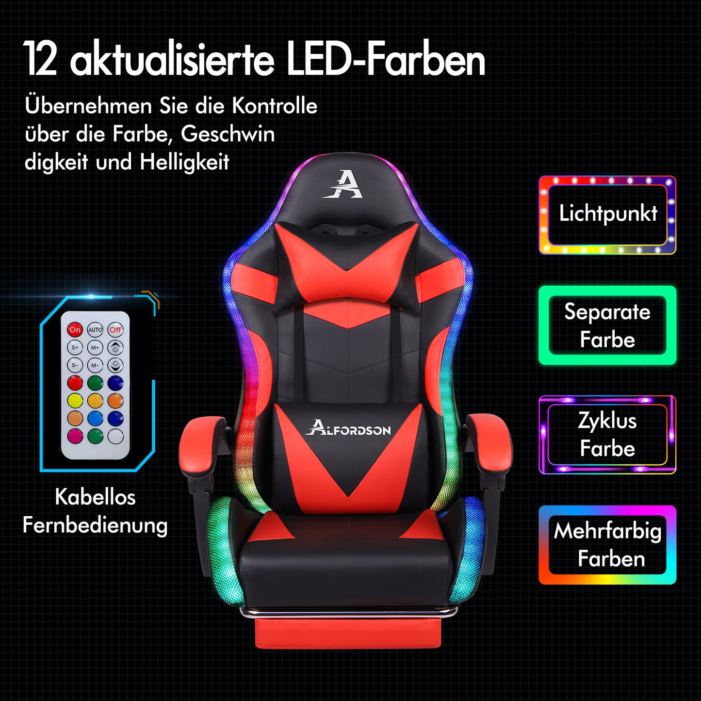 ALFORDSON Gaming Stuhl Büro Massage 12 RGB LED Computer Sitz PU Leder Rot