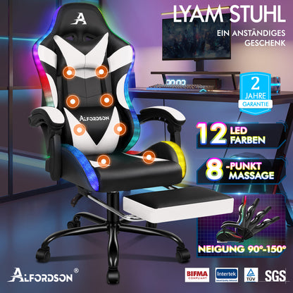 ALFORDSON Gaming Stuhl Büro Massage 12 RGB LED Computer Sitz PU Leder Weiß