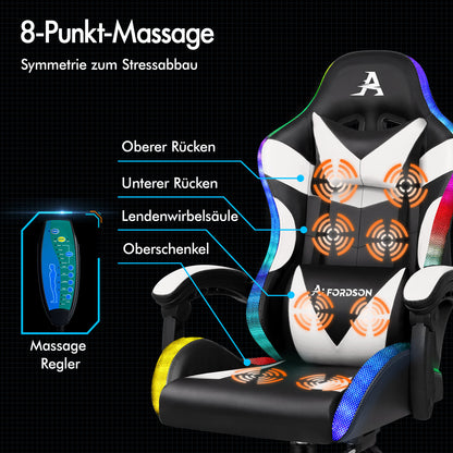 ALFORDSON Gaming Stuhl Büro Massage 12 RGB LED Computer Sitz PU Leder Weiß