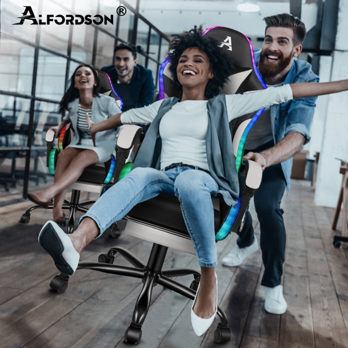 ALFORDSON Gaming Stuhl Büro Massage 12 RGB LED Computer Sitz PU Leder Weiß