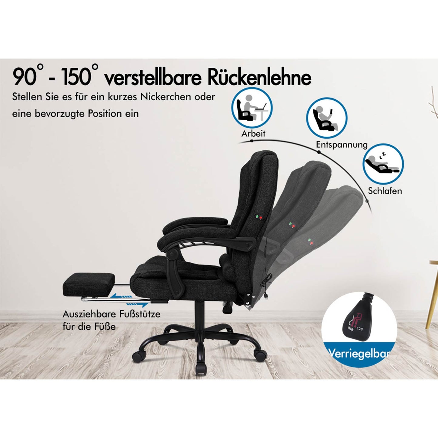 ALFORDSON Massage-Bürostuhl mit Fußstütze Schwarzer Stoff Executive-Gaming-Sitz