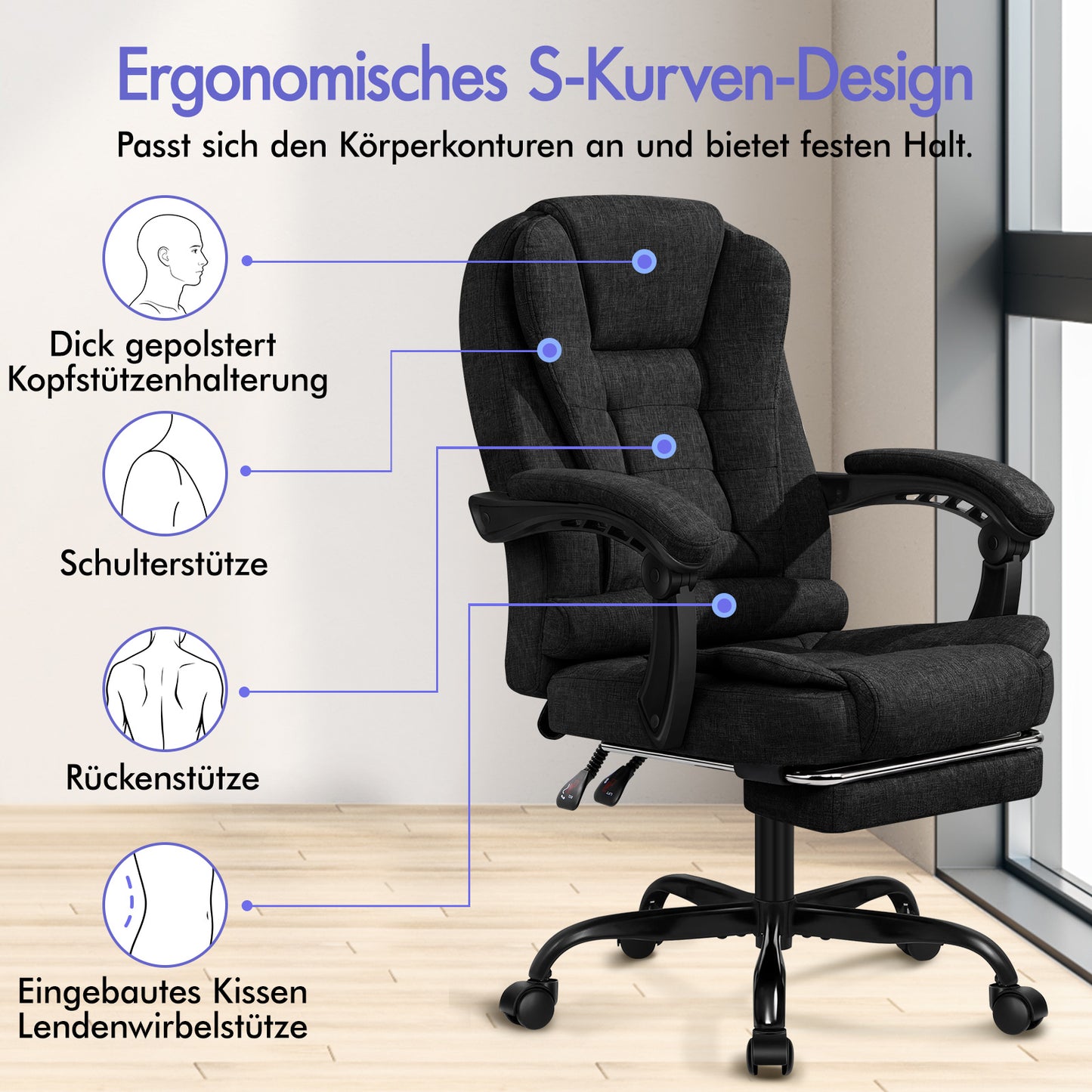 ALFORDSON Massage-Bürostuhl mit Fußstütze Schwarzer Stoff Executive-Gaming-Sitz