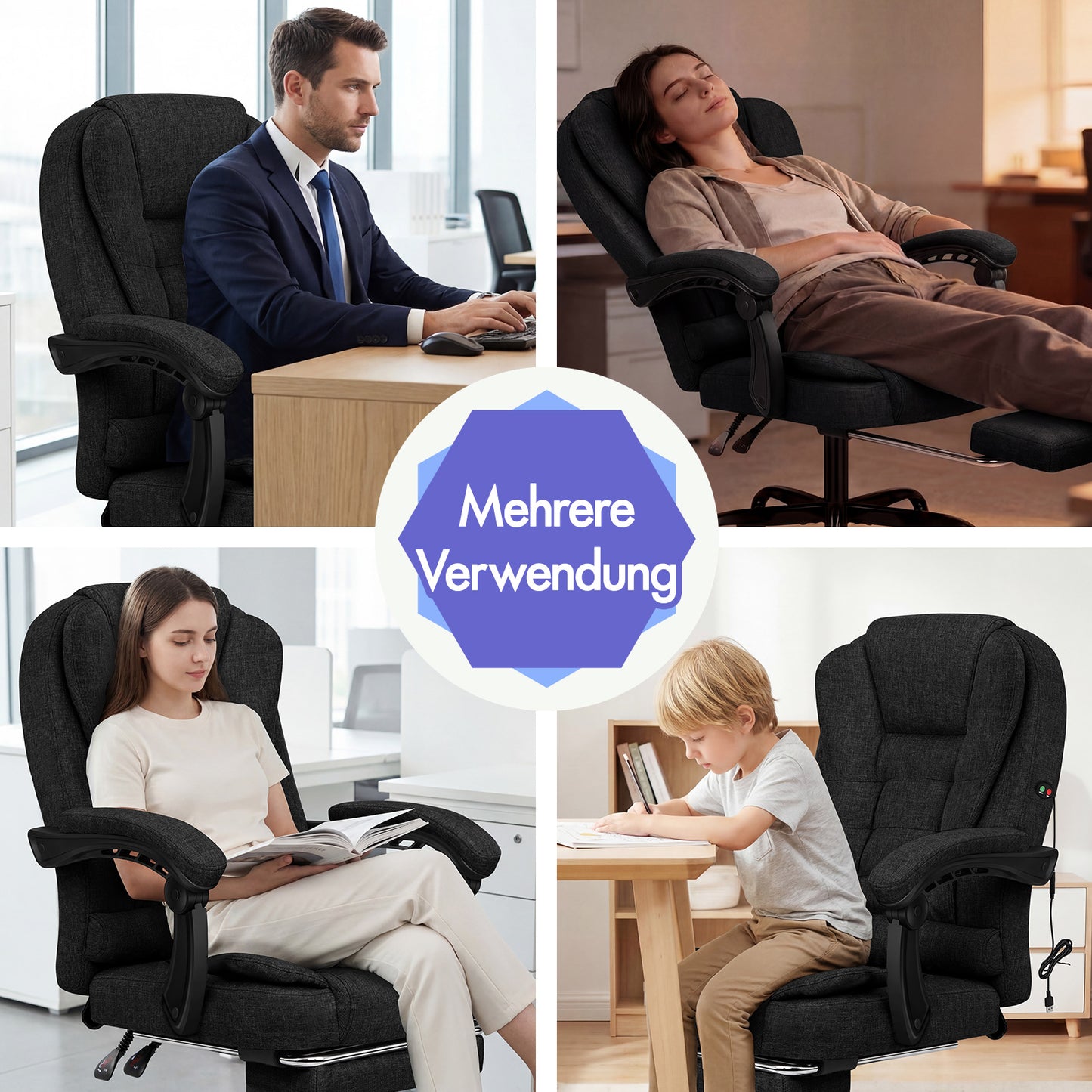 ALFORDSON Massage-Bürostuhl mit Fußstütze Schwarzer Stoff Executive-Gaming-Sitz