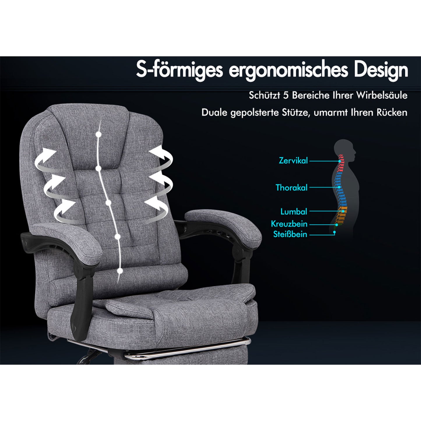 ALFORDSON Massage-Bürostuhl mit Fußstütze Grauer Stoff Executive-Gaming-Sitz