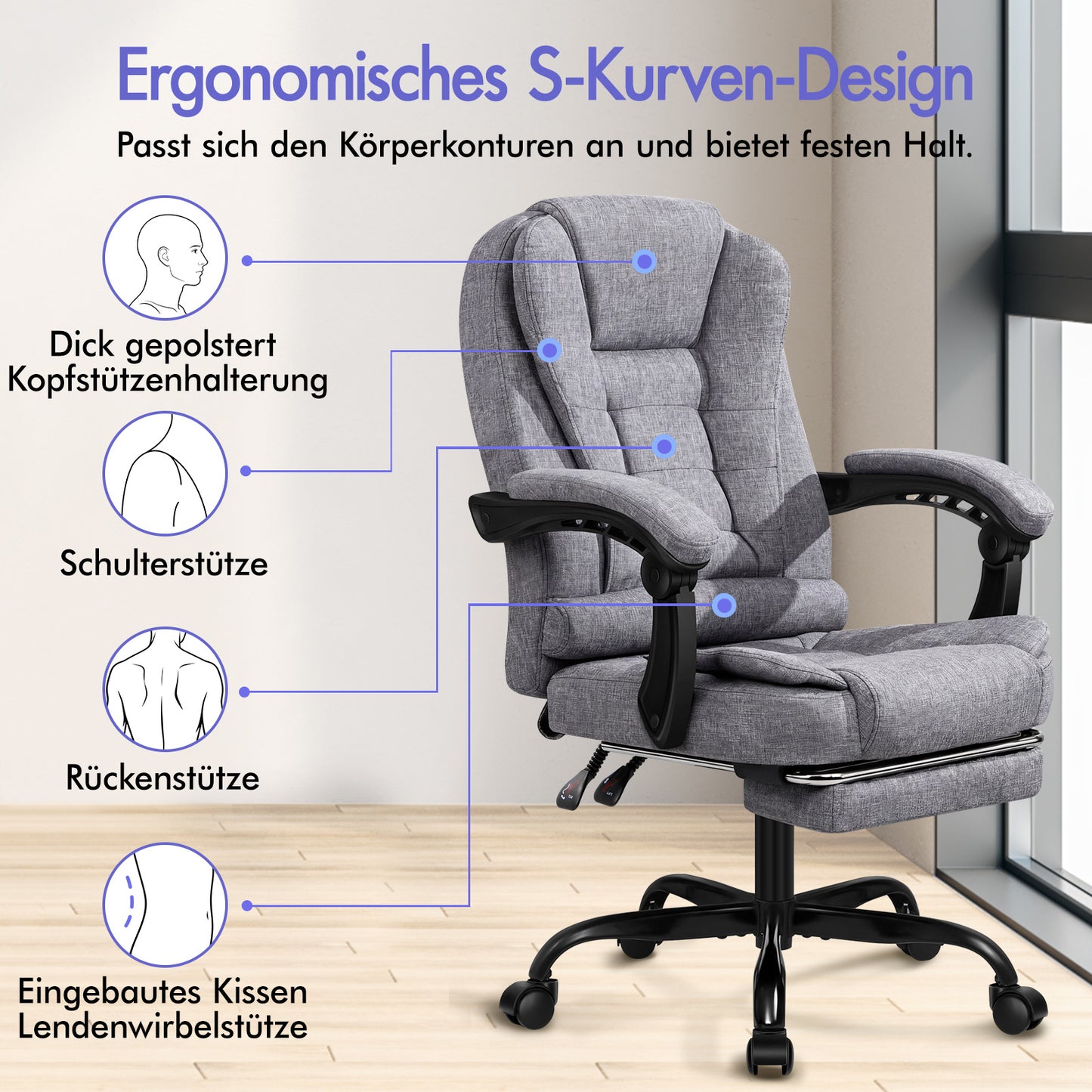 ALFORDSON Massage-Bürostuhl mit Fußstütze Grauer Stoff Executive-Gaming-Sitz