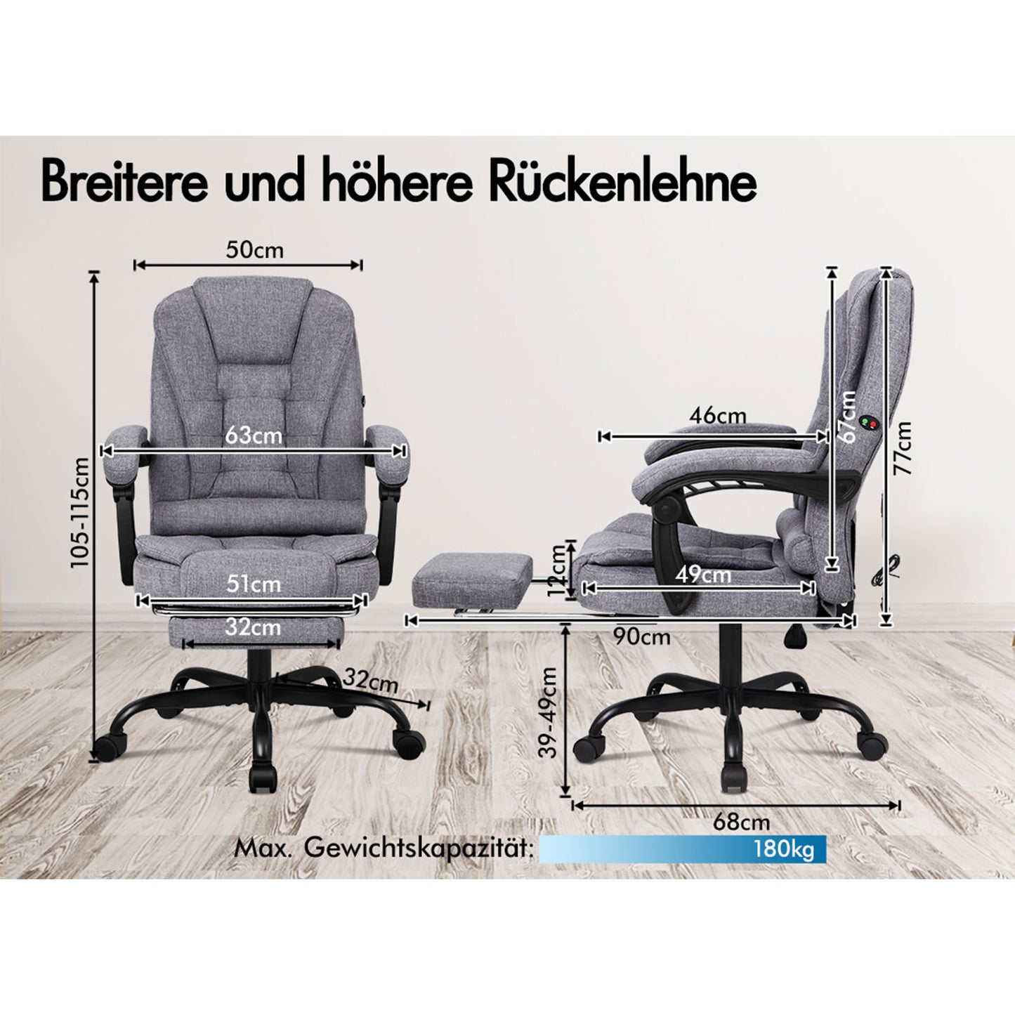 ALFORDSON Massage-Bürostuhl mit Fußstütze Grauer Stoff Executive-Gaming-Sitz
