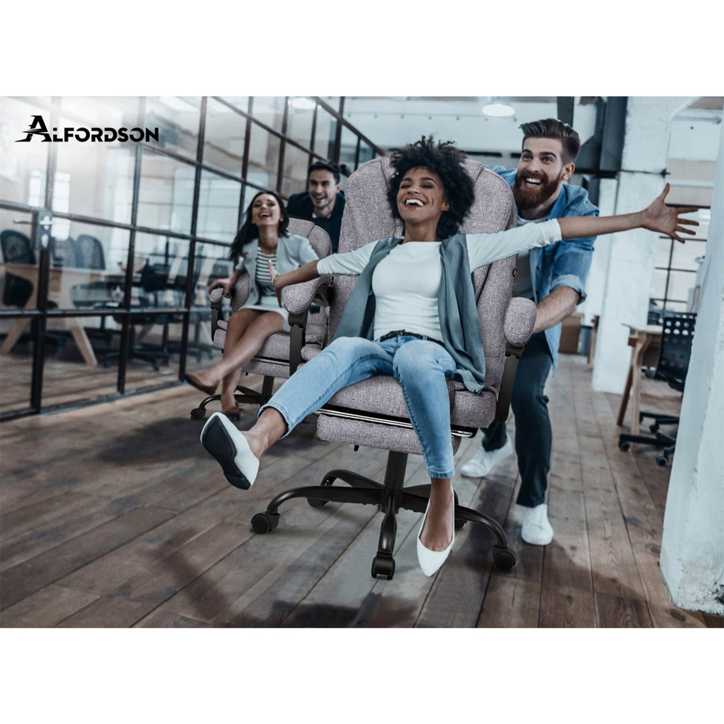ALFORDSON Massage-Bürostuhl mit Fußstütze Grauer Stoff Executive-Gaming-Sitz