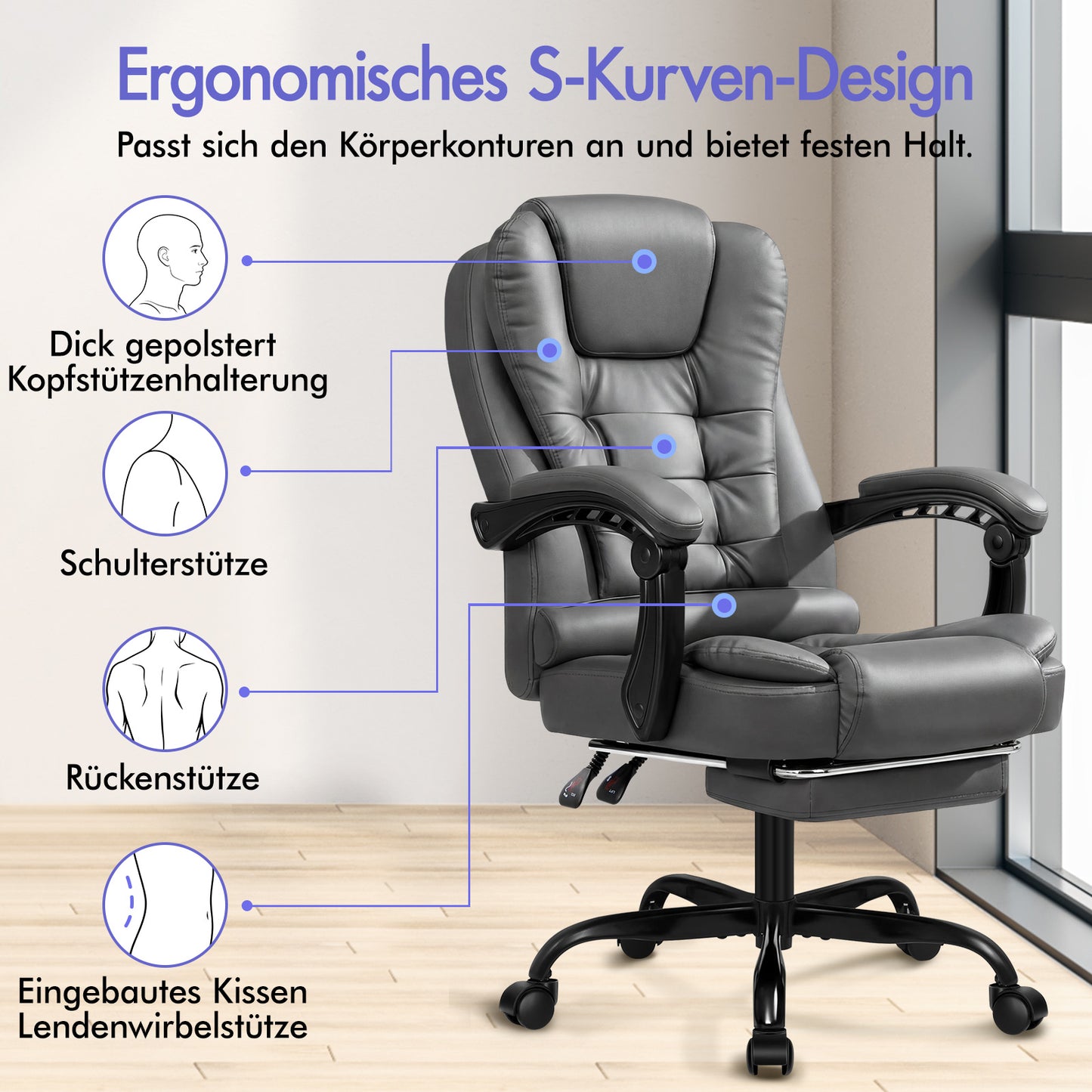 ALFORDSON Massage-Bürostuhl mit Fußstütze, Executive-Gaming-Sitz, PU-Leder Grau