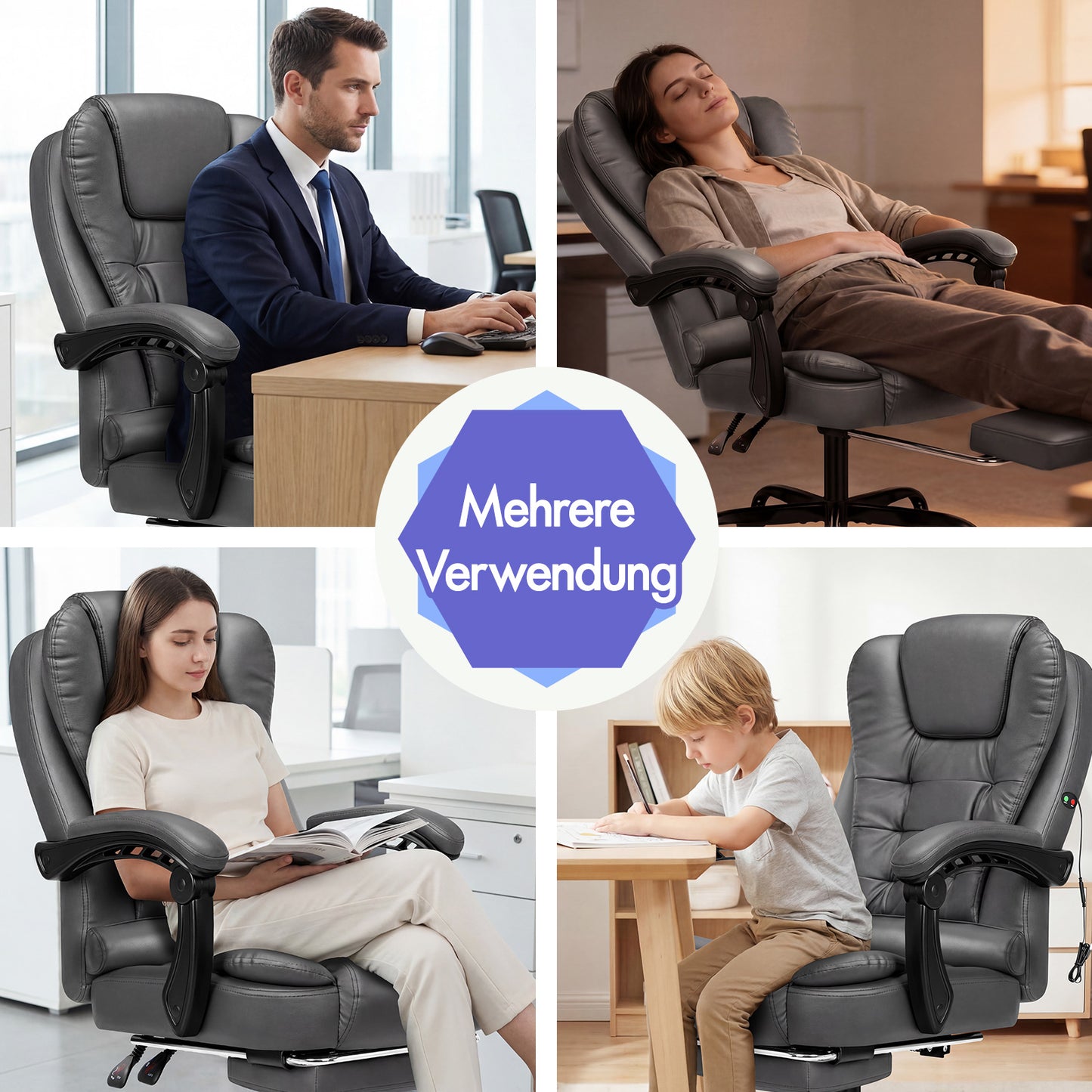 ALFORDSON Massage-Bürostuhl mit Fußstütze, Executive-Gaming-Sitz, PU-Leder Grau