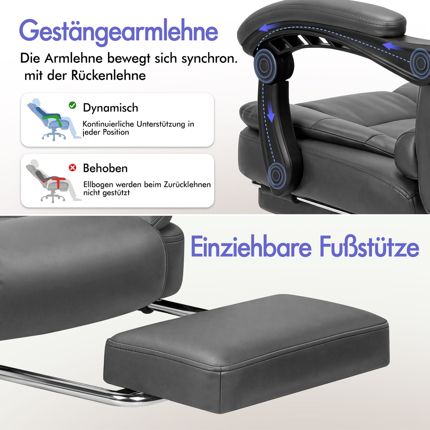 ALFORDSON Massage-Bürostuhl mit Fußstütze, Executive-Gaming-Sitz, PU-Leder Grau