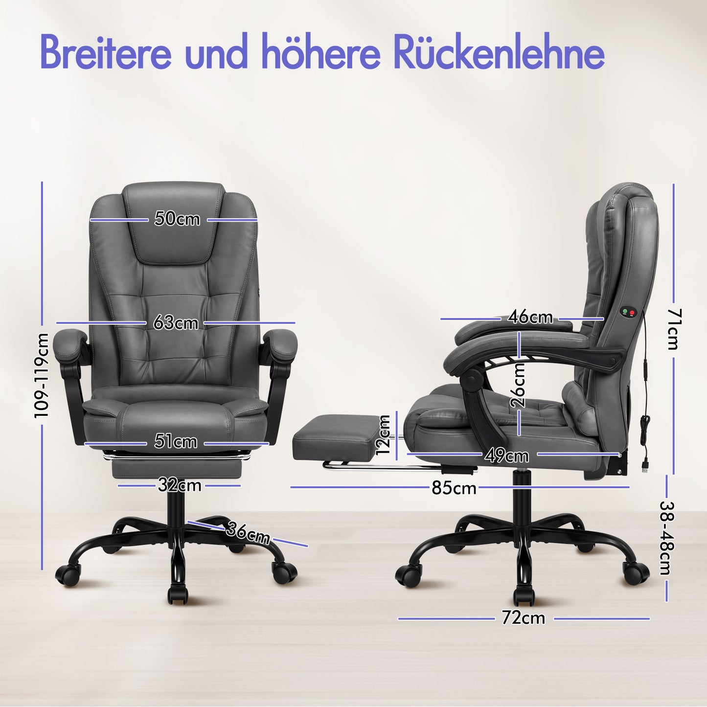 ALFORDSON Massage-Bürostuhl mit Fußstütze, Executive-Gaming-Sitz, PU-Leder Grau
