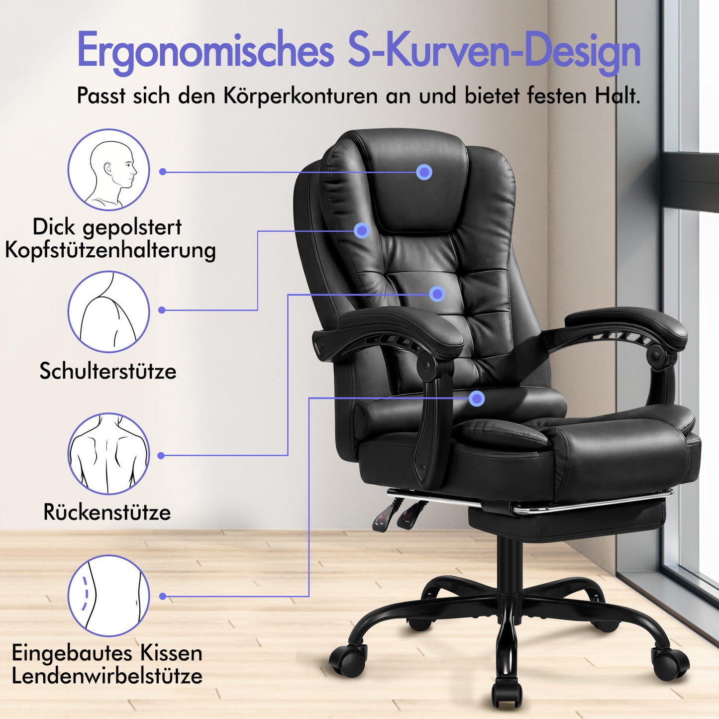 ALFORDSON Massage-Bürostuhl mit Fußstütze, Executive-Gaming-Sitz, PU-Leder