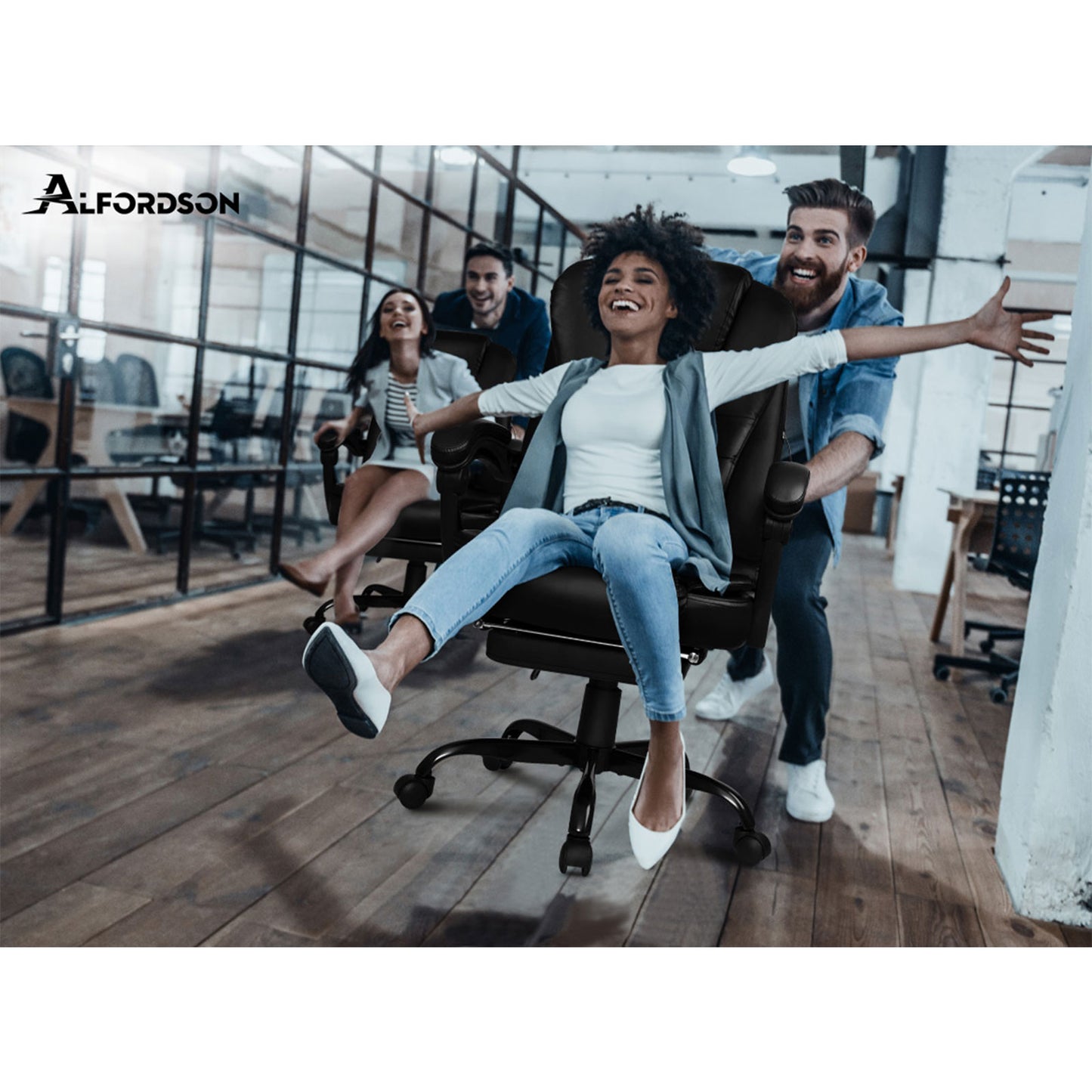 ALFORDSON Massage-Bürostuhl mit Fußstütze, Executive-Gaming-Sitz, PU-Leder