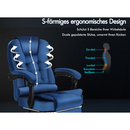 ALFORDSON Massage-Bürostuhl mit Fußstütze Samt Blau Executive-Gaming-Sitz