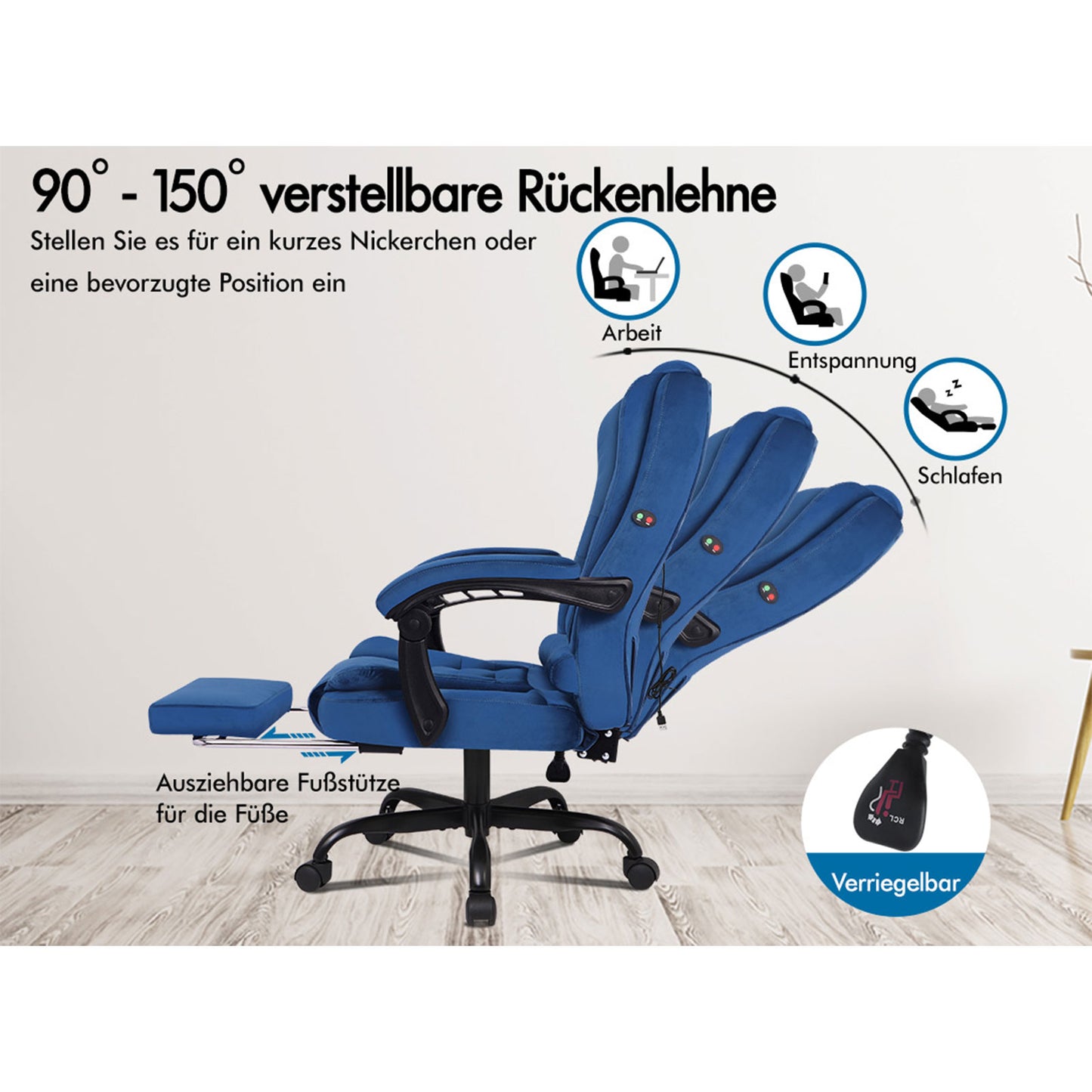 ALFORDSON Massage-Bürostuhl mit Fußstütze Samt Blau Executive-Gaming-Sitz