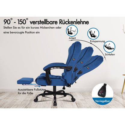 ALFORDSON Massage-Bürostuhl mit Fußstütze Samt Blau Executive-Gaming-Sitz