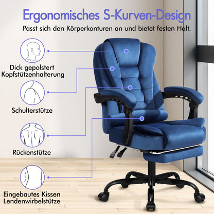ALFORDSON Massage-Bürostuhl mit Fußstütze Samt Blau Executive-Gaming-Sitz
