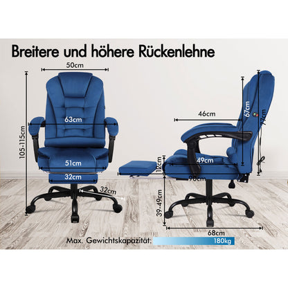 ALFORDSON Massage-Bürostuhl mit Fußstütze Samt Blau Executive-Gaming-Sitz