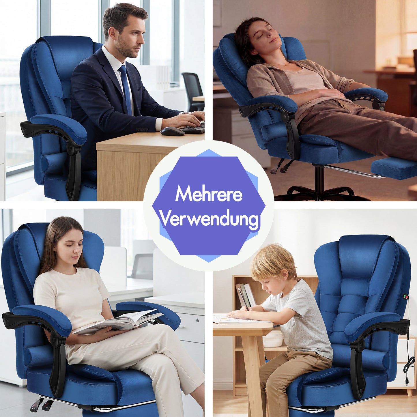 ALFORDSON Massage-Bürostuhl mit Fußstütze Samt Blau Executive-Gaming-Sitz