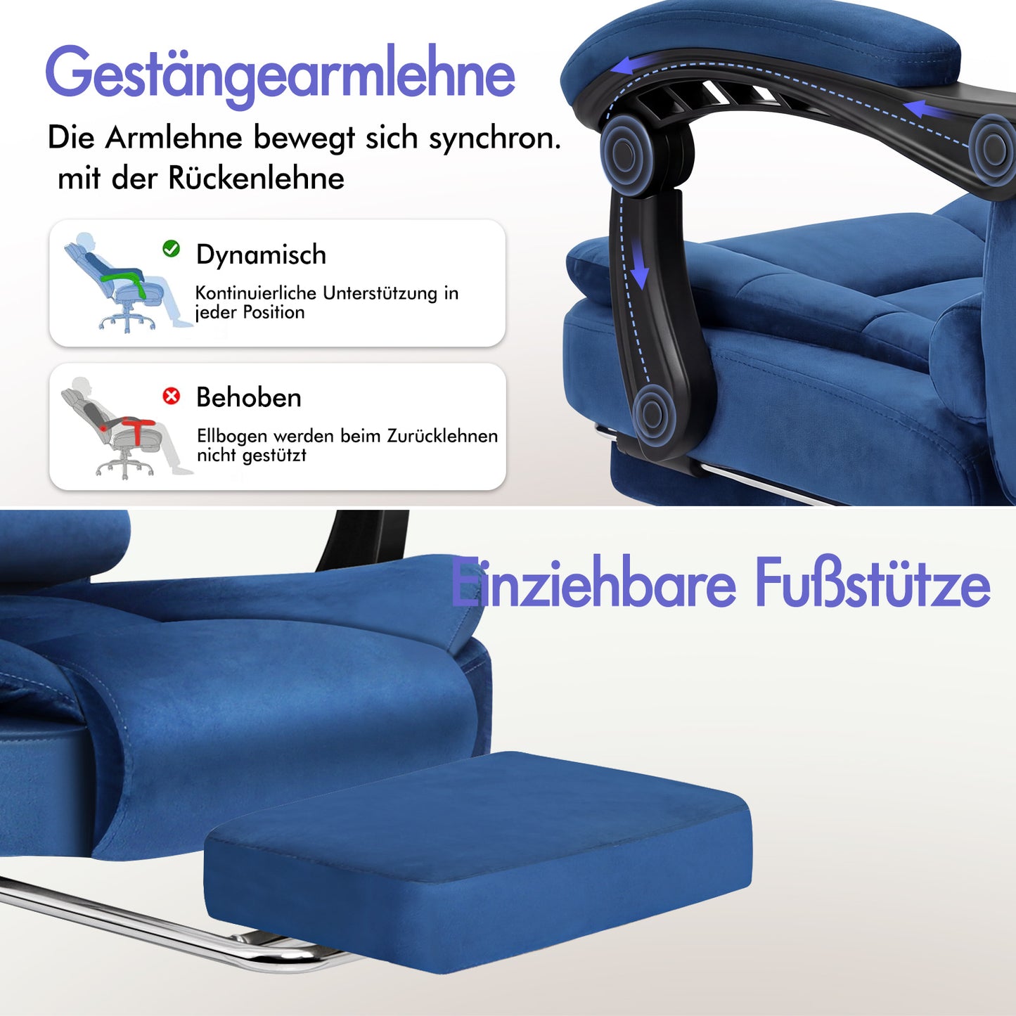 ALFORDSON Massage-Bürostuhl mit Fußstütze Samt Blau Executive-Gaming-Sitz