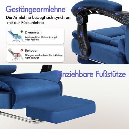 ALFORDSON Massage-Bürostuhl mit Fußstütze Samt Blau Executive-Gaming-Sitz