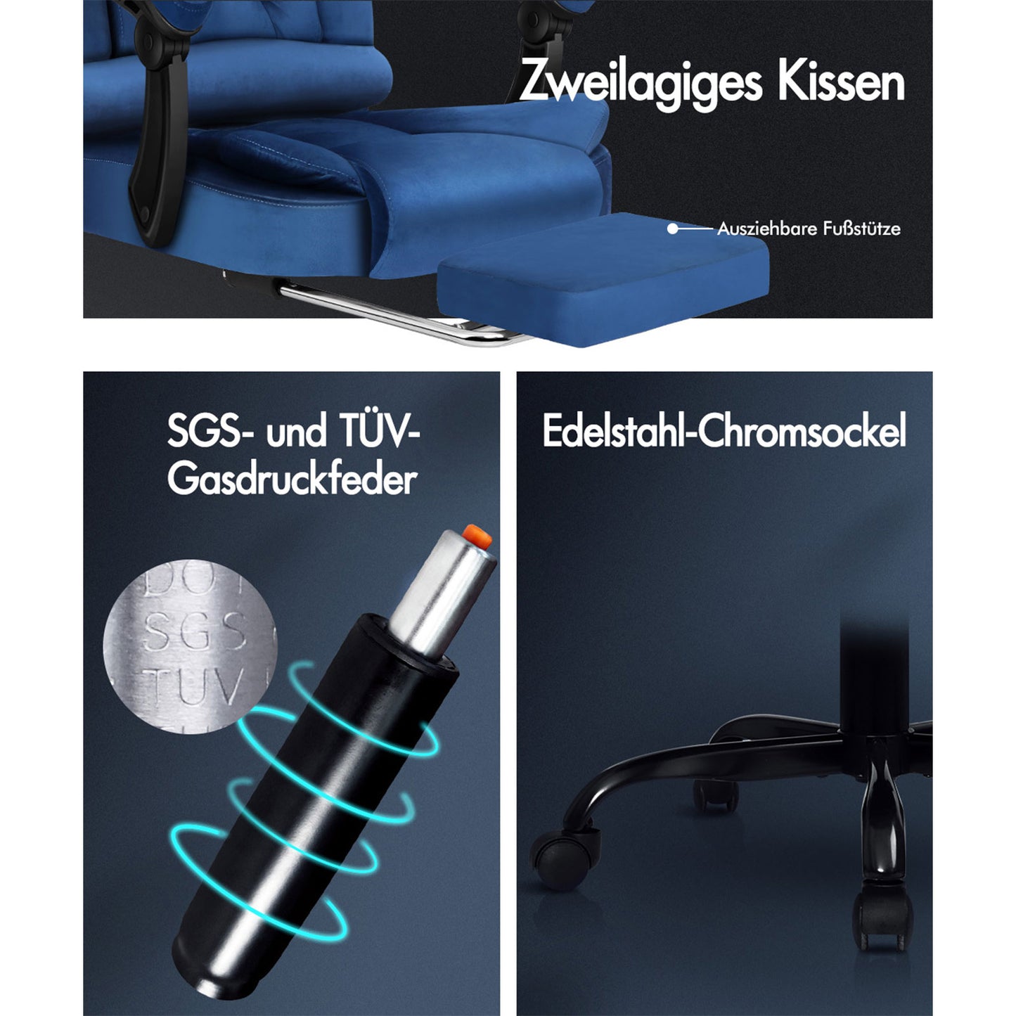 ALFORDSON Massage-Bürostuhl mit Fußstütze Samt Blau Executive-Gaming-Sitz