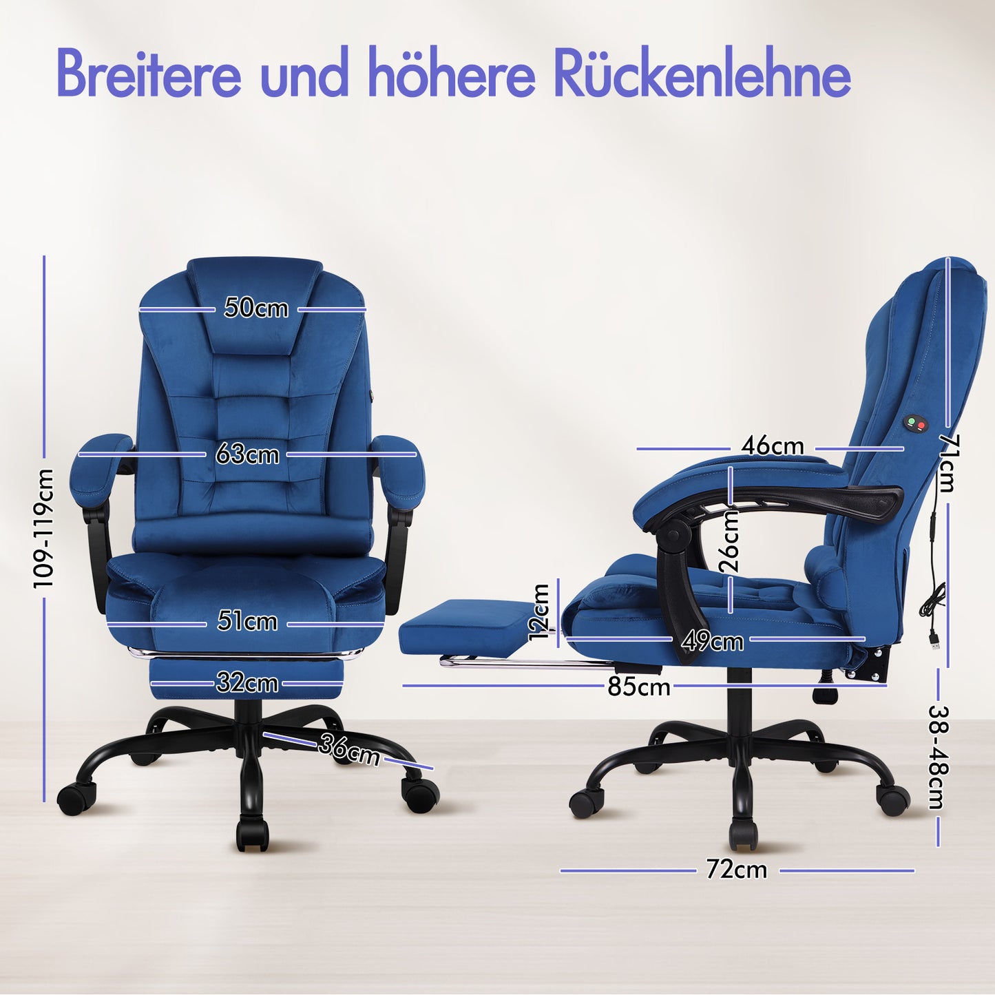 ALFORDSON Massage-Bürostuhl mit Fußstütze Samt Blau Executive-Gaming-Sitz