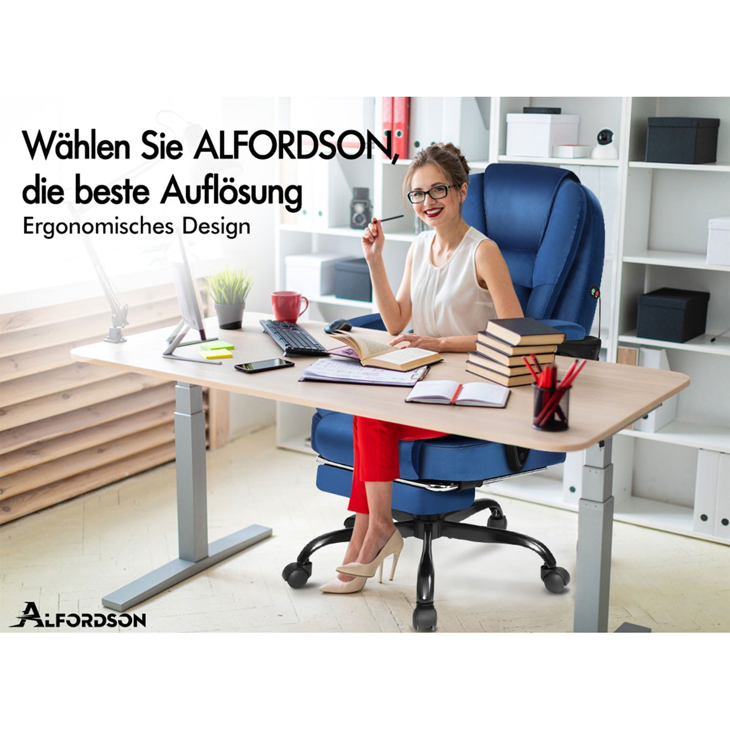 ALFORDSON Massage-Bürostuhl mit Fußstütze Samt Blau Executive-Gaming-Sitz