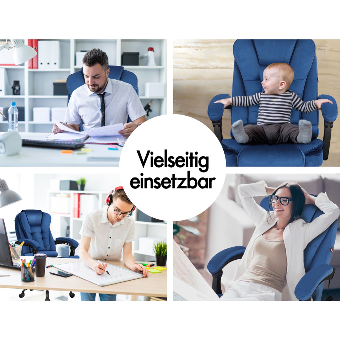 ALFORDSON Massage-Bürostuhl mit Fußstütze Samt Blau Executive-Gaming-Sitz