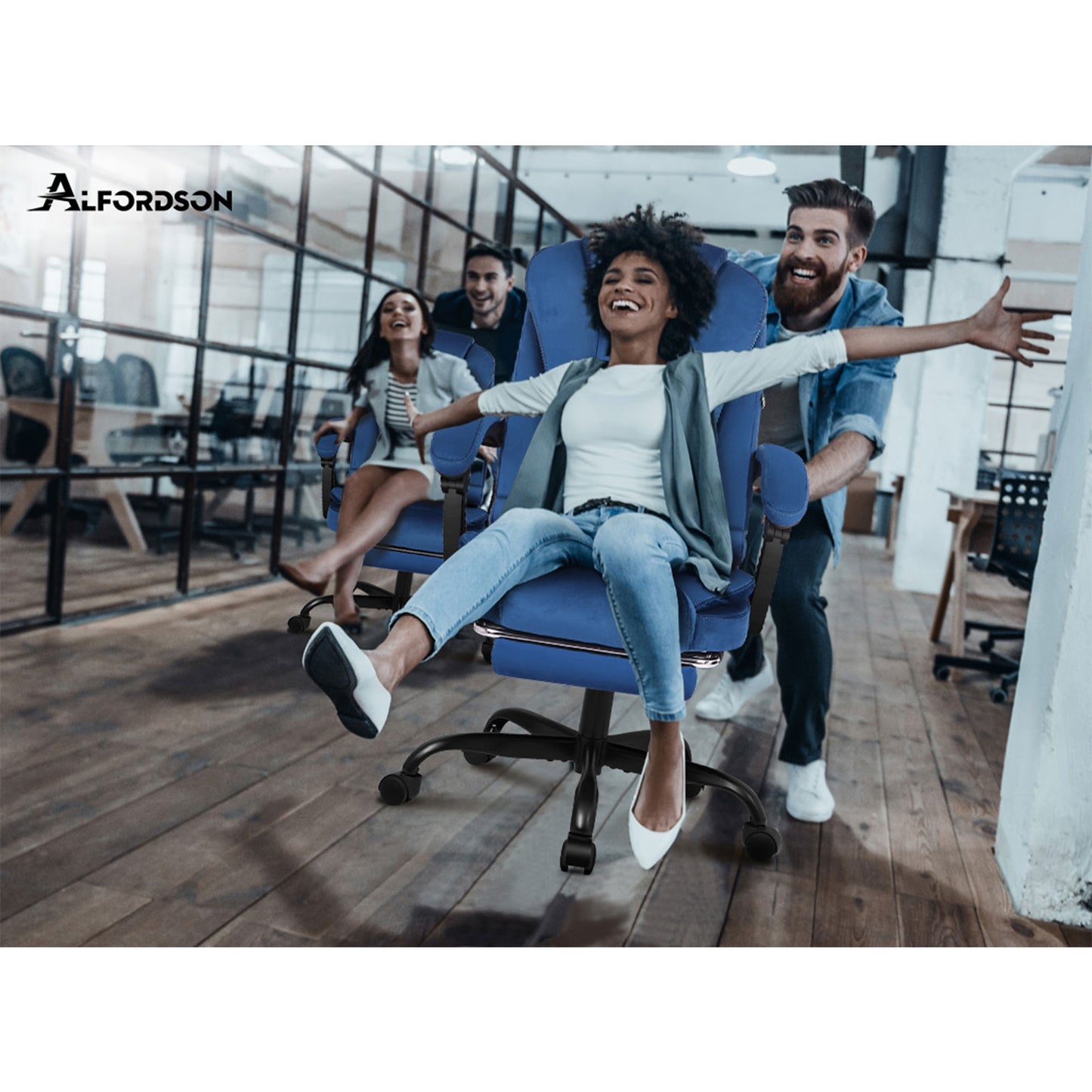 ALFORDSON Massage-Bürostuhl mit Fußstütze Samt Blau Executive-Gaming-Sitz