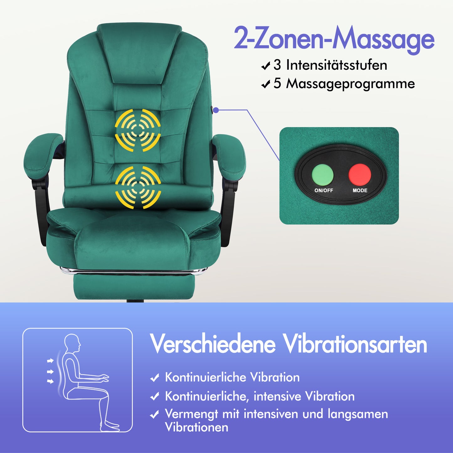 ELFORDSON Massage-Bürostuhl mit Fußstütze Samt Grün Executive-Gaming-Sitz