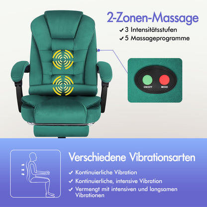 ELFORDSON Massage-Bürostuhl mit Fußstütze Samt Grün Executive-Gaming-Sitz