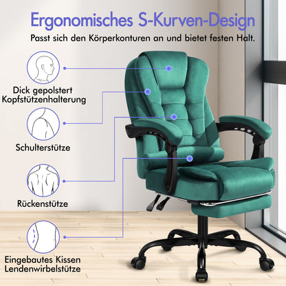 ELFORDSON Massage-Bürostuhl mit Fußstütze Samt Grün Executive-Gaming-Sitz