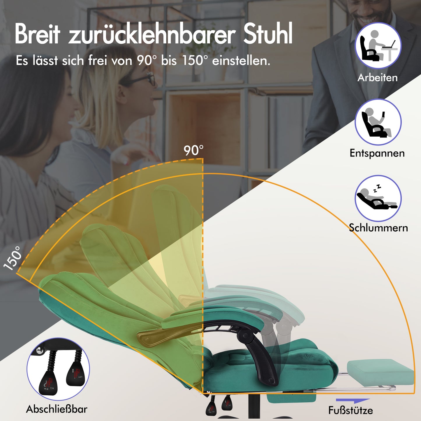 ELFORDSON Massage-Bürostuhl mit Fußstütze Samt Grün Executive-Gaming-Sitz