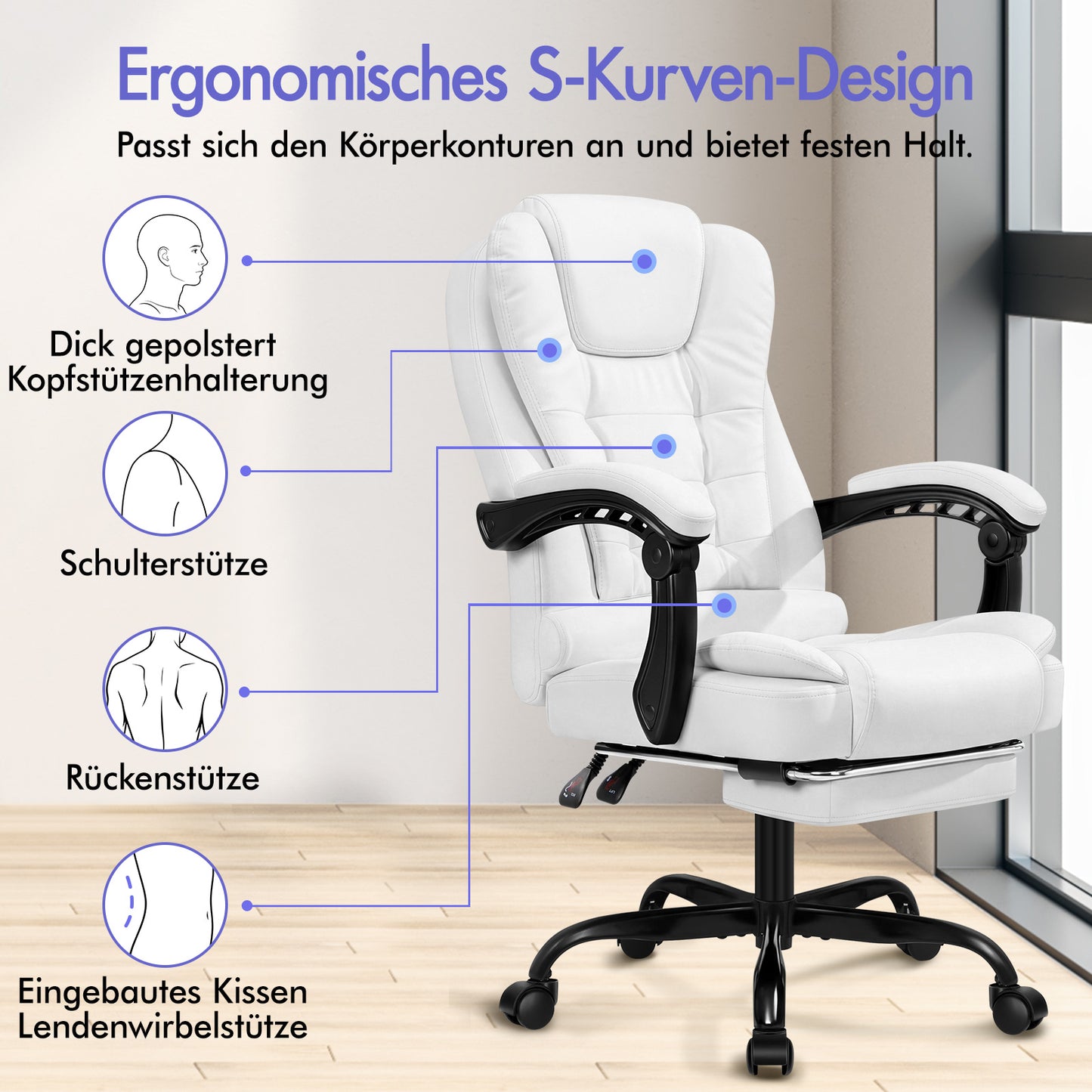 ALFORDSON Massage-Bürostuhl mit Fußstütze, Executive-Gaming-Sitz, PU-Leder Weiß