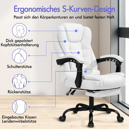 ALFORDSON Massage-Bürostuhl mit Fußstütze, Executive-Gaming-Sitz, PU-Leder Weiß