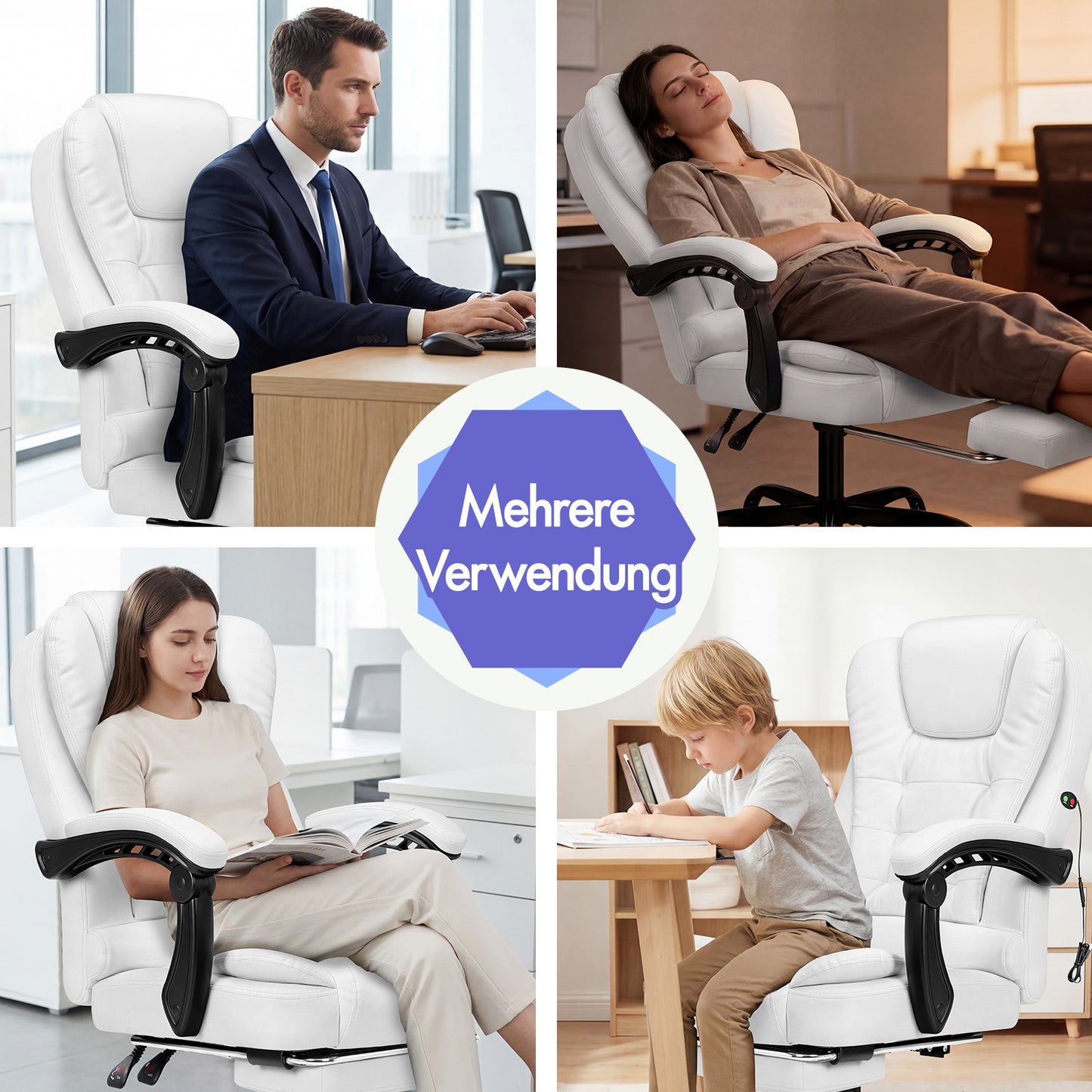ALFORDSON Massage-Bürostuhl mit Fußstütze, Executive-Gaming-Sitz, PU-Leder Weiß