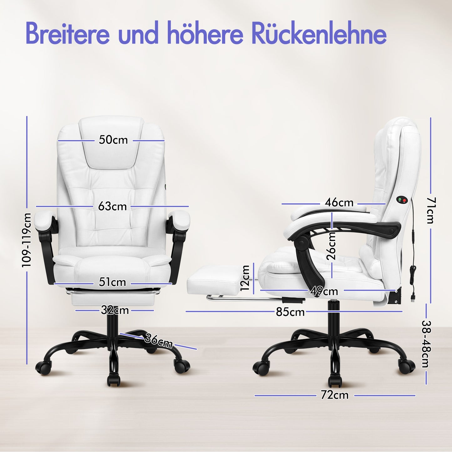 ALFORDSON Massage-Bürostuhl mit Fußstütze, Executive-Gaming-Sitz, PU-Leder Weiß