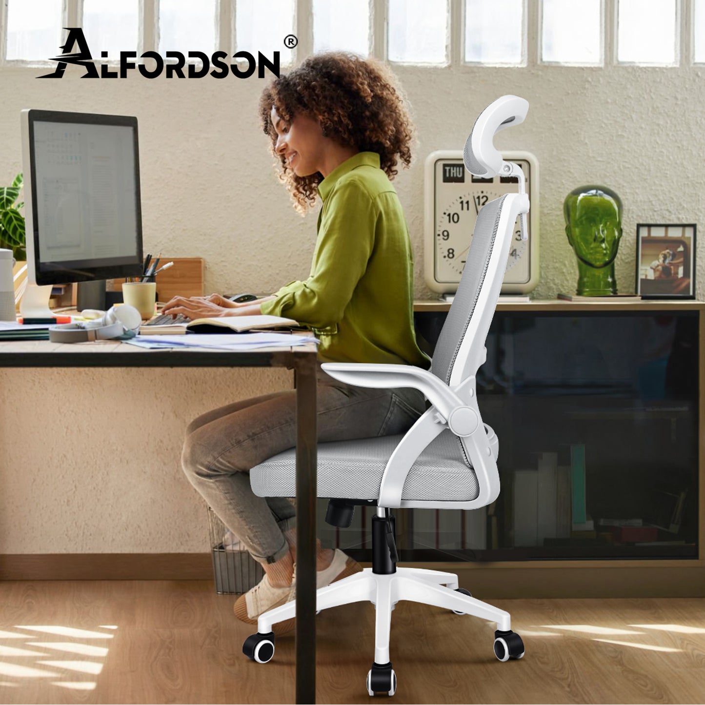 Silla de oficina ALFORDSON de malla con asiento ejecutivo de tela reclinable para juegos, carreras y ordenador