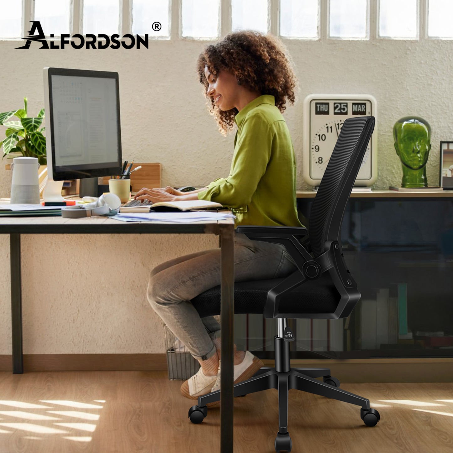 ALFORDSON Mesh Bürostuhl Executive Computer Liege Stoff Racing Sitz Arbeit, Conrad, Schwarz