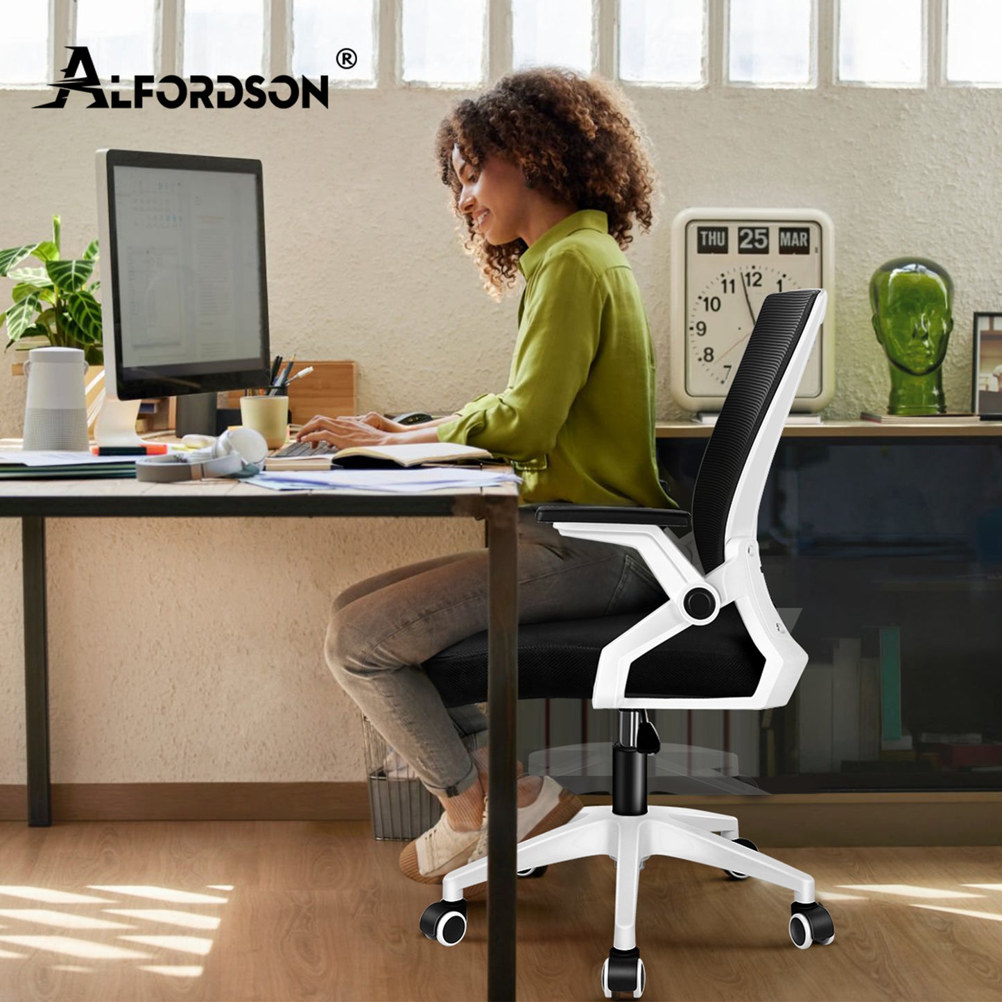 ALFORDSON Mesh Bürostuhl Executive Computer Liege Stoff Racing Sitz Arbeit, Conrad, Schwarz & Weiß