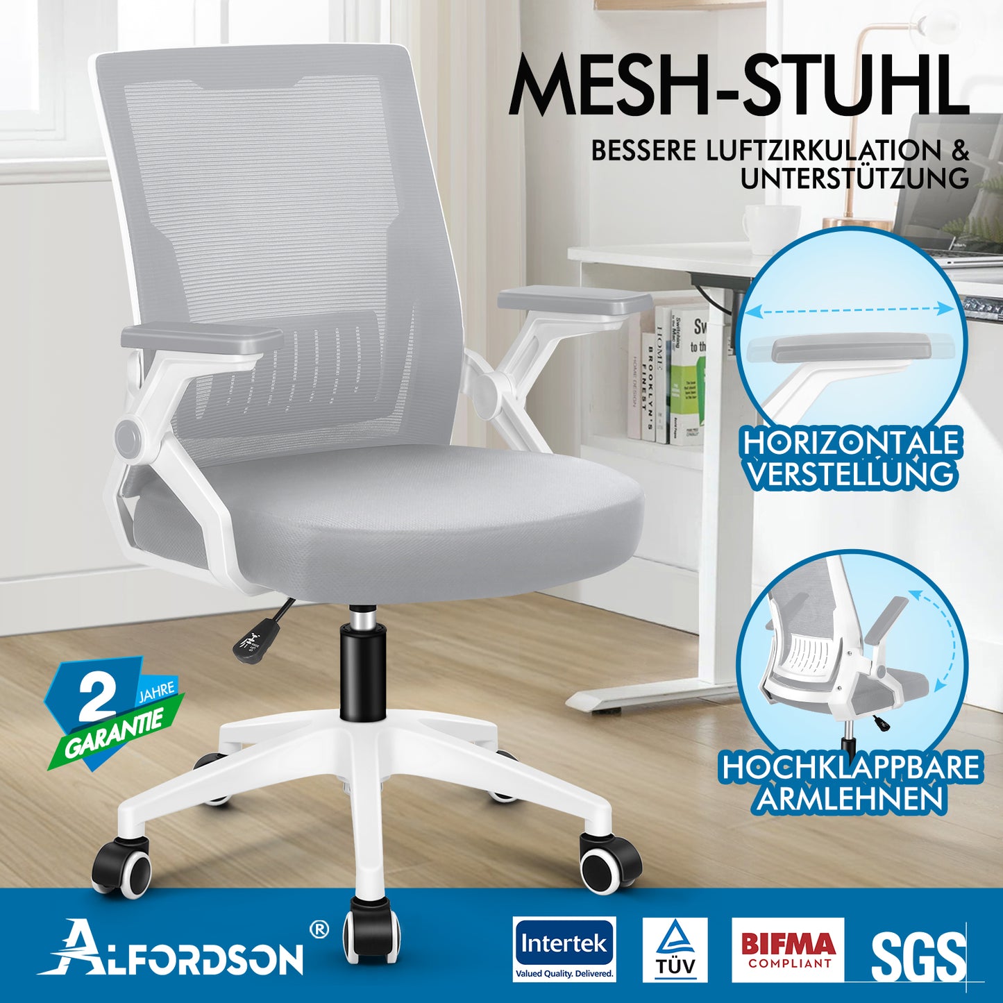 ALFORDSON Mesh Bürostuhl Executive Computer Liege Stoff Racing Sitz Arbeit, Conrad, Weiß & Grau