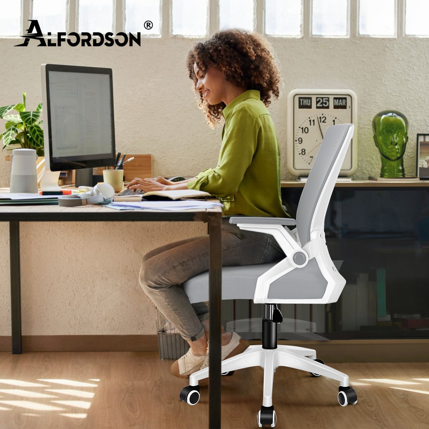 ALFORDSON Mesh Bürostuhl Executive Computer Liege Stoff Racing Sitz Arbeit, Conrad, Weiß & Grau