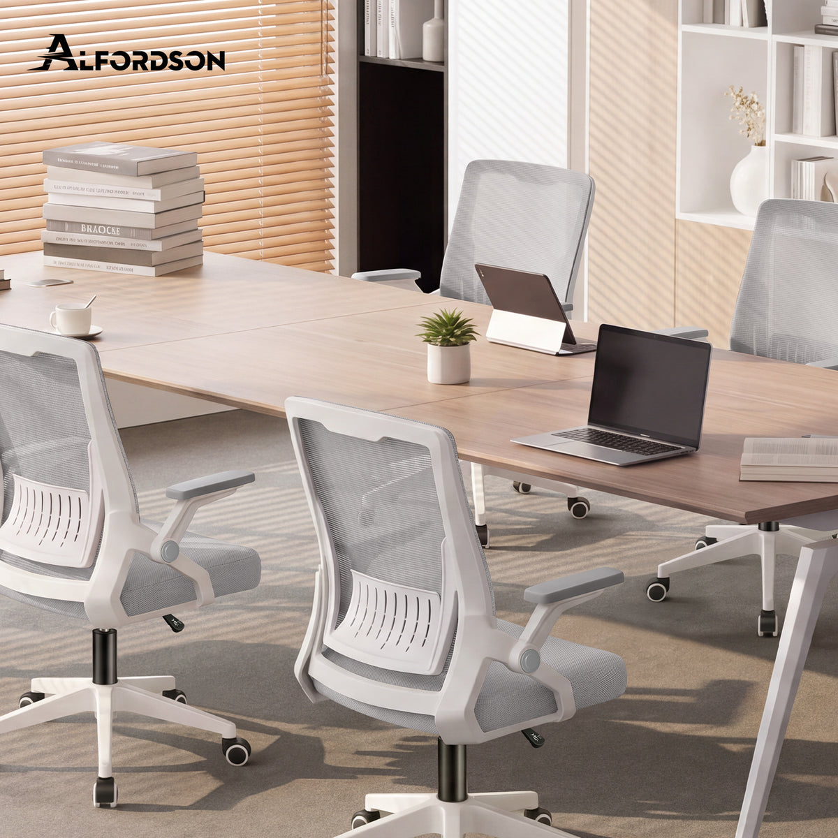 ALFORDSON Mesh Bürostuhl Executive Computer Liege Stoff Racing Sitz Arbeit, Conrad, Weiß & Grau