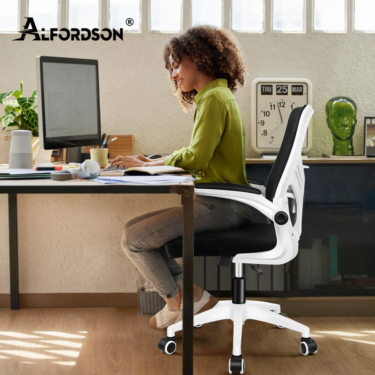 ALFORDSON Mesh Bürostuhl Executive Computer Liege Stoff Racing Sitz Arbeit, Keldon, Schwarz & Weiß